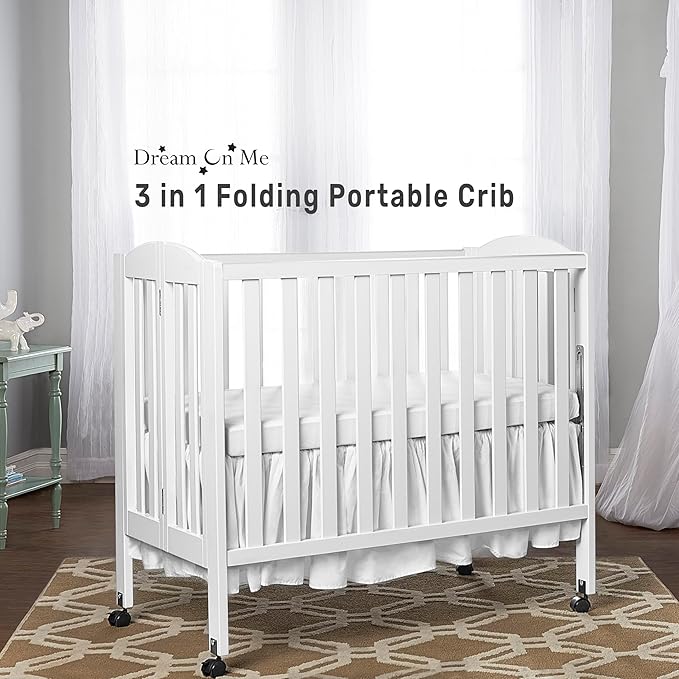 Dream On Me 3-in-1 Portable Folding Stationary Side Mini Baby Crib in White & Mattress, GreenGuard Gold & JPMA, Use as Changer & Playpen, Locking Wheels, 3 Mattress Heights, Extra Firm Mattress