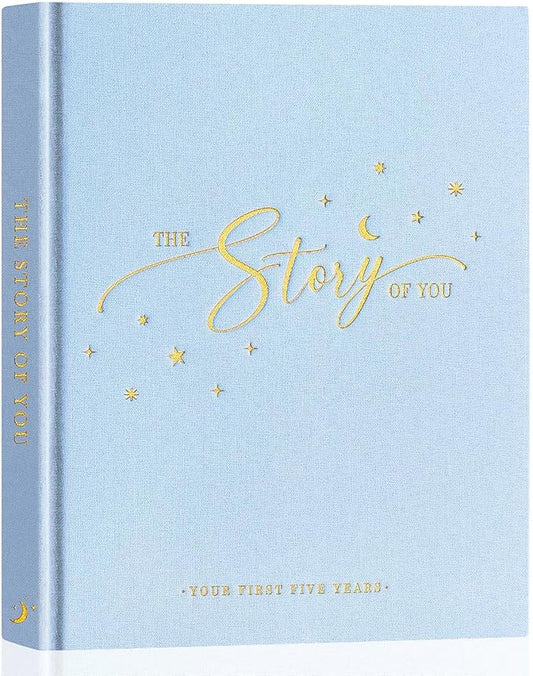 Lanpn Baby Memory Book - Linen Baby Book Memories Keepsake - The Story of You - Newborn Baby First 5 Year Journal Scrapbook Photo Book Milestone Album for Boy Girl New Parents (Blue, 154 Pages)