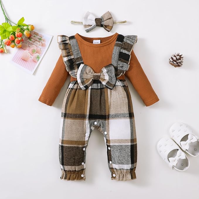 Newborn Infant Baby Girl Clothes Fall Winter Plaid Long Sleeve Jumpsuit One Piece Romper Bodysuit Baby Overalls Outfits