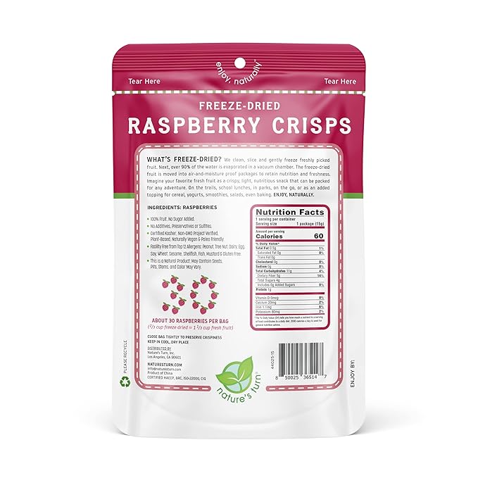 Nature’s Turn Freeze-Dried Raspberry Crisps – Healthy, Gluten-Free, Crispy & Delicious, Plant-Based Snack, Ideal for Cereal, Smoothies, School Lunches, & On-the-Go, Pack of 6 (0.53 oz Each)