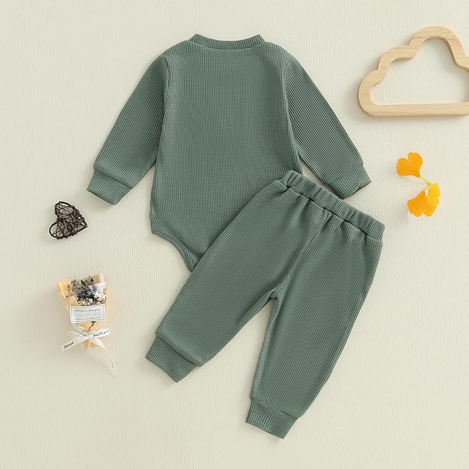 Kupretty Baby Boy Clothes 3 6 12 18 Months Fall Winter Outfit Mama's Boy Embroidery Waffle Long Sleeve Romper Pants Set