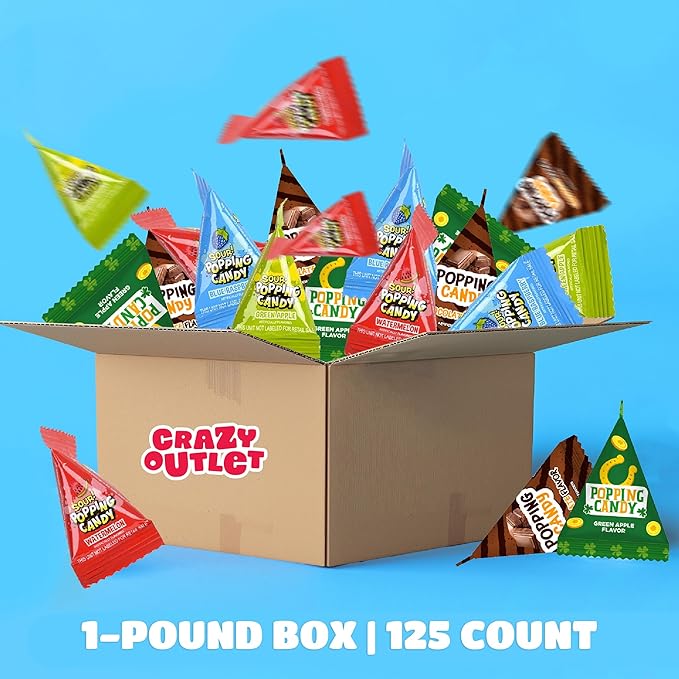 Popping Rock Candy Assortment - 1 Pound Box (About 125 Count) - Individually Wrapped Halloween Candy - Strawberry, Blue Raspberry, Grape, Tropical Punch, Apple, Watermelon