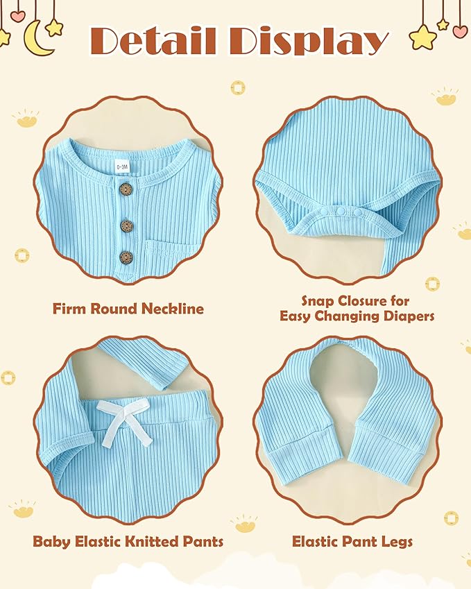 Newborn Baby Boy Girl Clothes Ribbed Knit Cotton Long Sleeve Romper Long Pant Preemie Solid Color Unisex Outfits