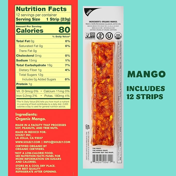 Solely - Organic Mango Fruit Jerky - 12 Individually Wrapped Fruit Strips - Fruit Leather Made from Dried Fruits - Healthy Snacks, Vegan - 0.8oz (23g)