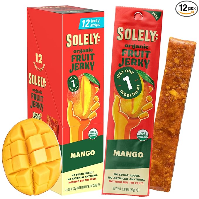 Solely - Organic Mango Fruit Jerky - 12 Individually Wrapped Fruit Strips - Fruit Leather Made from Dried Fruits - Healthy Snacks, Vegan - 0.8oz (23g)