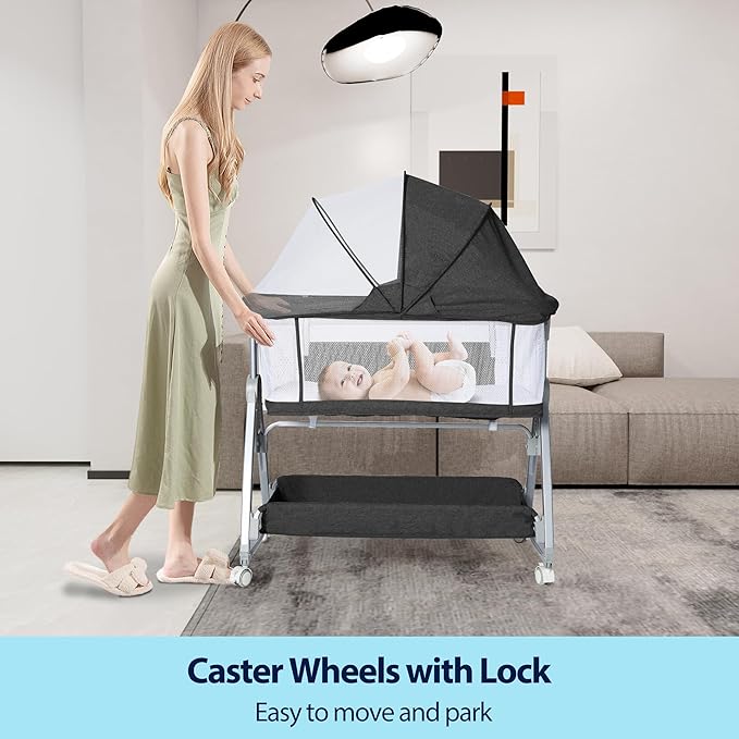 Baby Bassinet Bedside Sleeper, 3 in 1 Rocking Bassinet for Baby, Arms Reach Co Sleeper Bassinet with Wheels, Adjustable Height, Storage, Mattress & Canopy (Black)