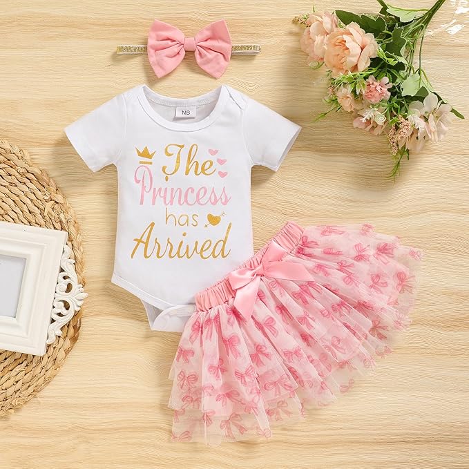Newborn Baby Girl Outfits Infant Letter Print Romper+Tutu Skirt+Headband+Legging Warmer Coming Home Clothes Set