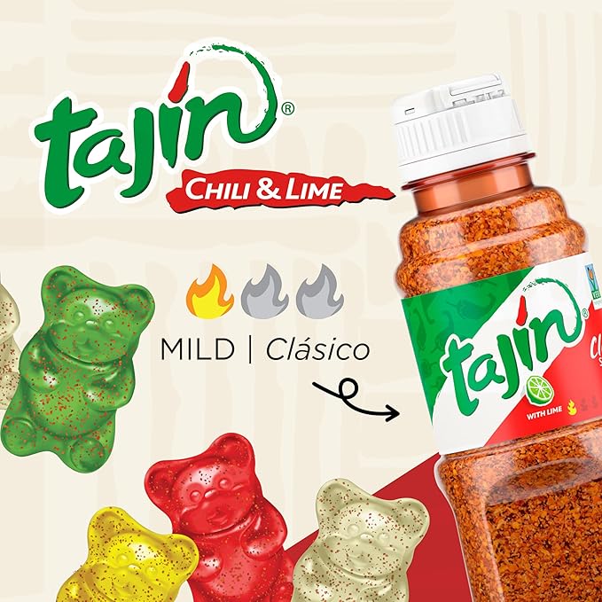 Snak Club Tajin Gummy Bears, Assorted Fruit Candy Gummies with Chili and Lime Seasoning, Mild Spice, Gluten-Free and Vegan Snacks, 9 oz Resealable Bags, 3 Pack
