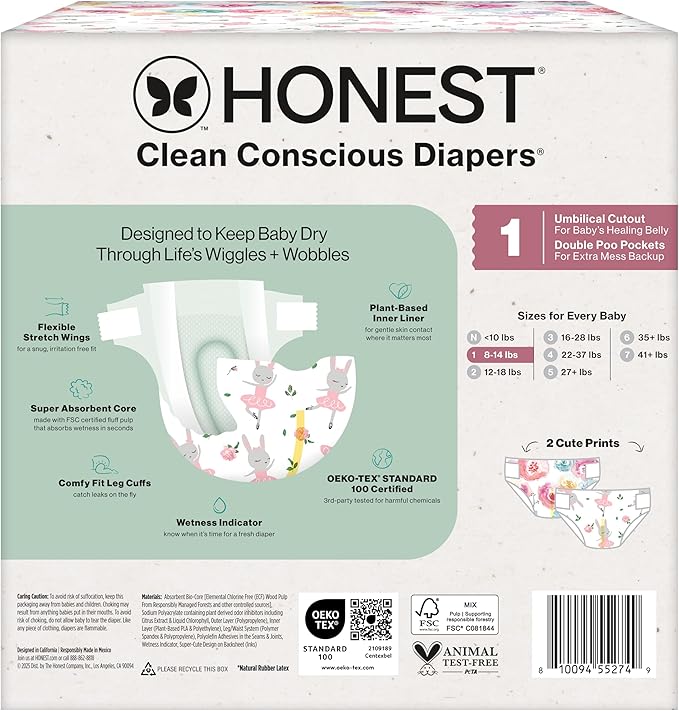 The Honest Company Clean Conscious Diapers for Delicate Skin | Up to 100% Leakproof | Hypoallergenic, Fragrance Free | Girl Prints | Club Box, Size 1 (8-14 lbs), 78 Count (Prints May Vary)
