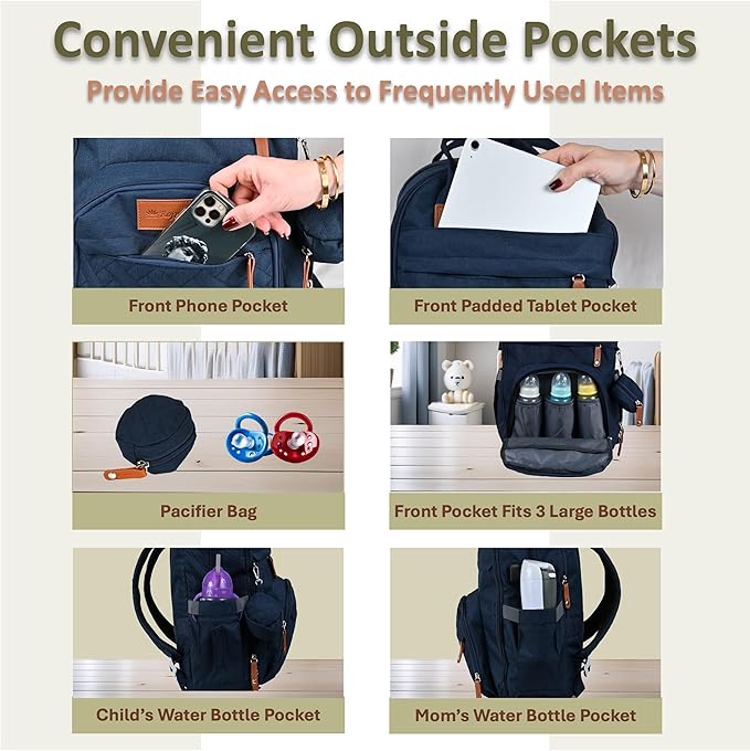 Baby Diaper Bag Backpack - Large Bag for Boys & Girls, with Changing Pad & Pacifier Case, Large Capacity with Insulated Pockets, Waterproof, with Stroller Straps, Unisex - Navy Blue