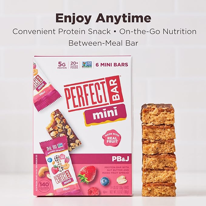 Perfect Bar Mini, PB&J Protein Bar, Protein Snack, Snack Bar, Gluten Free, Soy Free, Non GMO, No Sugar Alcohols, 1.5 Ounce Bar, 18 Count