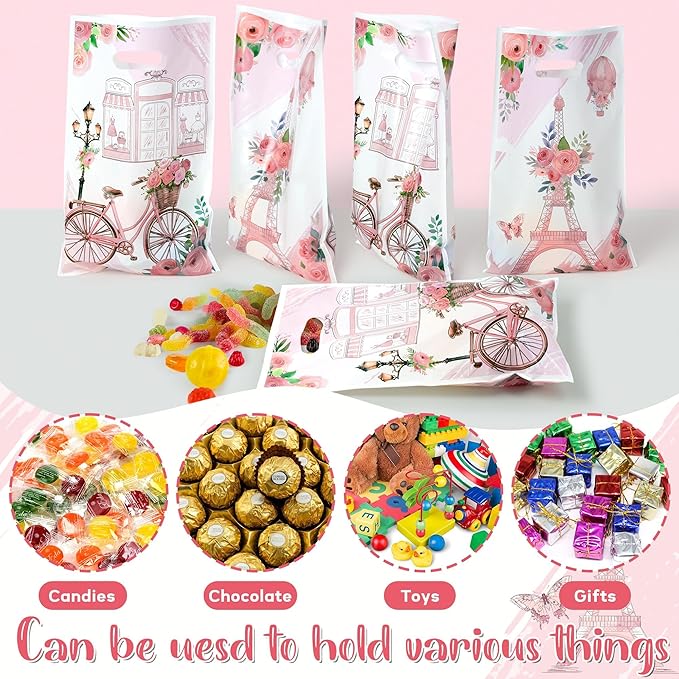 Paris Party Favor Bags 50Pcs Pink Floral Paris Goody Candy Treat Gifts Bags, City Landscape Themed Party Decorations for Kids Girls Women Birthday Wedding Pink Theme Events Supplies