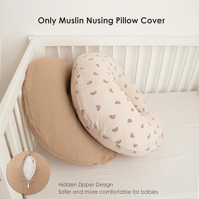 2-Pack Muslin Nursing Pillow Covers, Breathable 100% Cotton Breastfeeding Pillow Slipcovers for Standard Nursing Pillows, Soft Covers for Baby Girls and Boys with Zipper