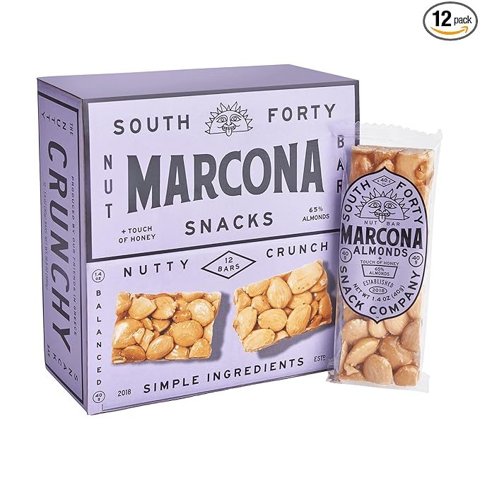 South 40 Snacks Crunchy Marcona Almond Bar, Just 4 Ingredients, Touch of Honey (40g Bar, Pack of 12)