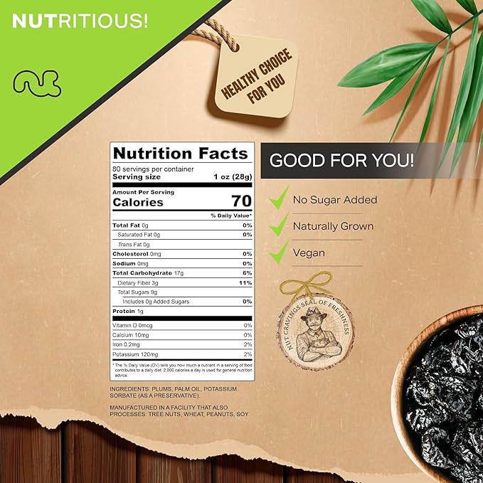 NUT CRAVINGS - Dried Prunes Pitted Unsweetened, Dry Plums No Sugar Added (80oz, 5 LB) Bulk Dry Fruits Packed Fresh in Resealable Bag - Sweet Healthy Snack, Naturally Grown, Vegan, Kosher