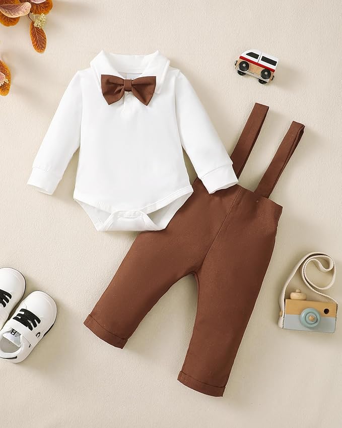 Newborn Baby Boy Clothes Gentleman Wedding Suit Infant Outfits Formal Dress Shirt+Bowtie+Suspender Pants