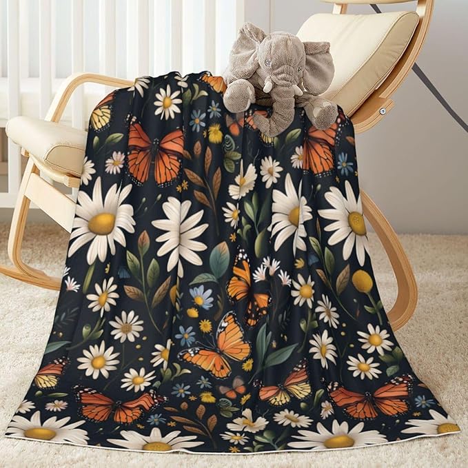 Baby Blanket Daisy Butterfly Vintage for Boy Girl Newborn 30x40 Inch Toddler Infant Nursery Throw Blankets Double Layer Comfy Soft Plush Stroller Crib Quilt