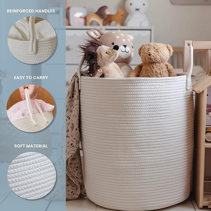 OrganiHaus White Laundry Basket 15x18, Cotton Rope Basket for Blankets, Tall Woven Baskets for Storage, Large Basket for Toys, Soft Blanket Holder Bin, Boho Blanket Basket for Living Room