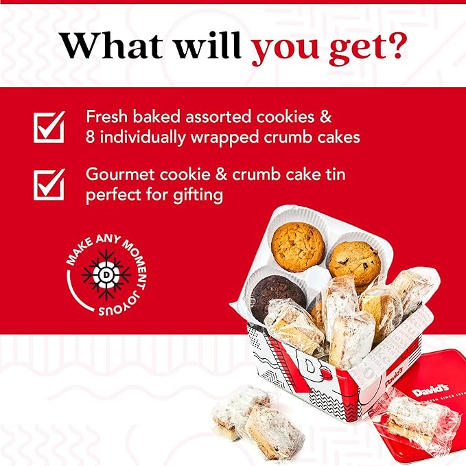 David's Cookies Assorted Fresh Baked Cookies & Crumb Cake Tin - 1Lb Assorted Cookies + 8 Individually Wrapped Crumb Cakes With Raspberry & Original Butter Flavors – Delicious Gourmet Food Gift For All