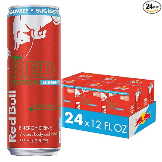 Red Bull Red Edition Sugar Free Energy Drink, Watermelon, with 114mg Caffeine plus Taurine & B Vitamins, 12 Fl Oz, 6 Packs of 4 Cans (Pack of 24)