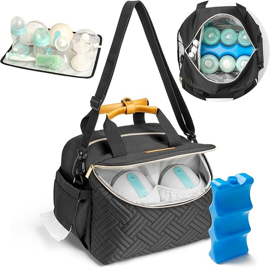 Wearable Breast Pump Bag with Cooler Portable Breast Pumping Travel Bags for Work Mom Breastmilk Cooler Carrying Case for 6 Bottles with Adjustable Shoulder Strap Dividers Changing Mat