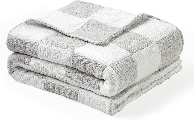 CREVENT 30"X40" Cozy Soft Warm Chenille Baby Blanket for Girls Boys, Newborn Essentials for Infant, Baby Shower Receiving Gift - Checked Grey 75X100cm