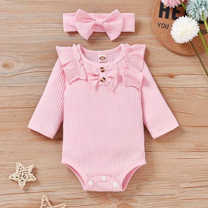 Aalizzwell Preemie Newborn Infant Baby Girls Clothes Ribbed Bodysuit Pants Set Fall Winter Outfits