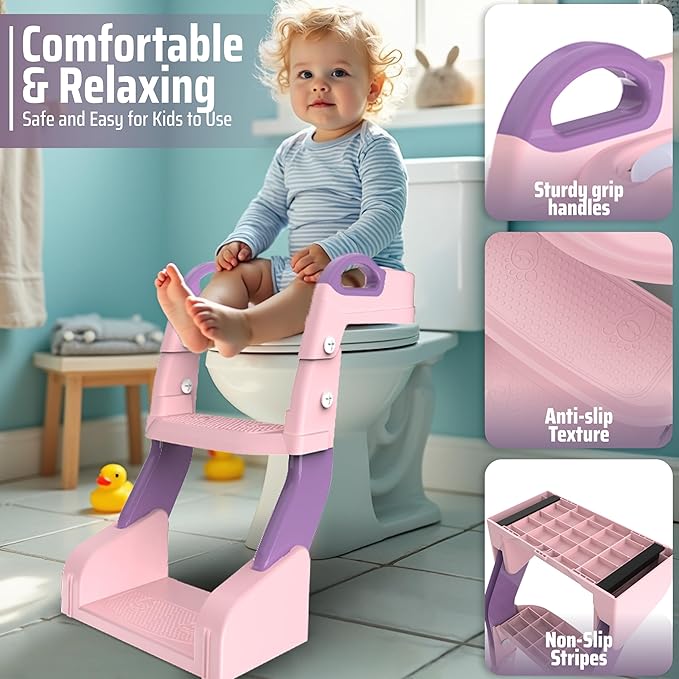 3-in-1 Toddler Potty Training Toilet with Ladder, Easy Assembly, Collapsible Potty Training Seat, Anti-slip Foldable Toddler Toilet Seat with Adjustable Step Stool For Kids Boys And Girls (Pink)