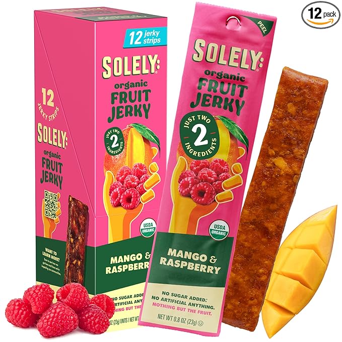 SOLELY - Organic Mango Raspberry Fruit Jerky - 12 Individually Wrapped Fruit Strips - Fruit Leather - Healthy Snacks for Adults & Kids - Non GMO, Vegan Snacks - 0.8oz (23g)