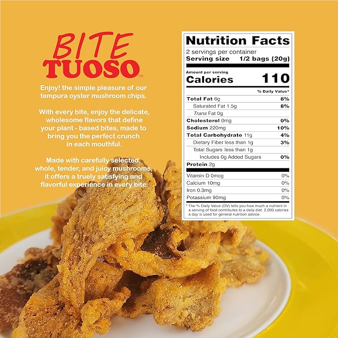BITETUOSO Crunchy Oyster Mushroom Chips, On the Go, Savory Plant-Based Snack, Cheddar Cheese Flavor (Plant-Based), 1.41 oz (Pack of 6), Dairy Free, Vegan, Crispy Gourmet Snack, No MSG, Cheddar Cheese.