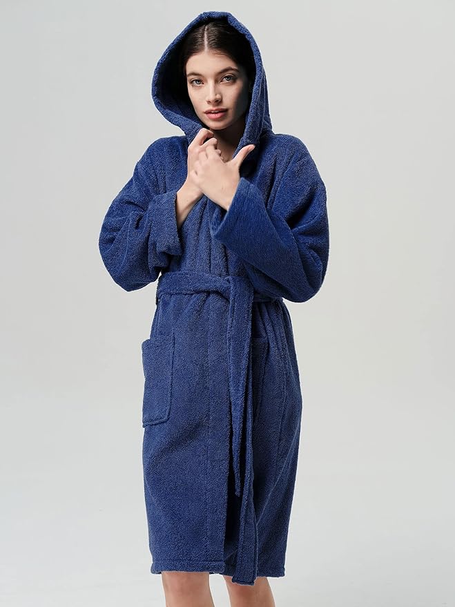 SIORO Womens Hooded Terry Cloth Robe, Cotton Absorbent Knee-Length Bathrobe, Housecoat with Pockets for Spa & Shower