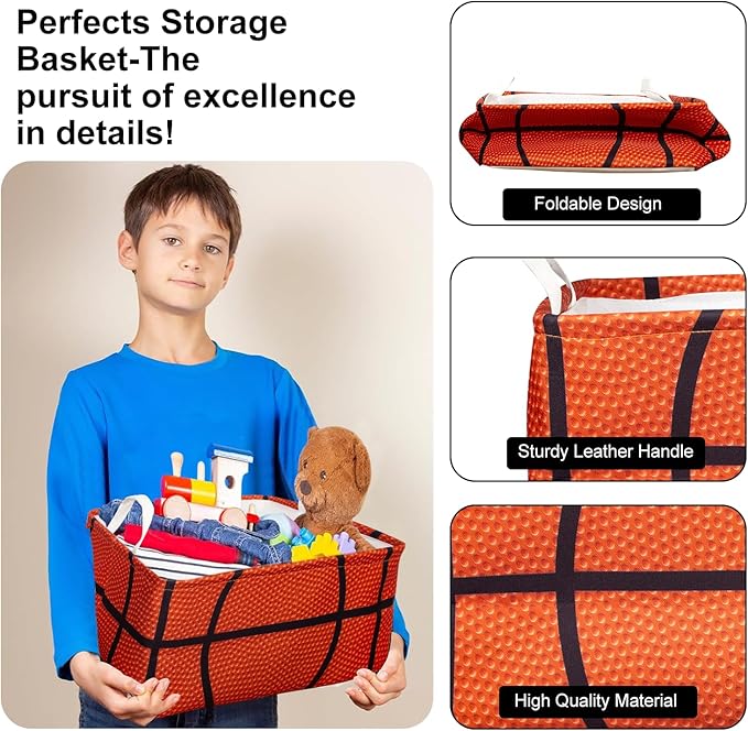 Basketball Shelf Basket, Kids Boys Ball Storage Basket Bins Box with Handles, Boys Sports Decor for Room Nursery 3 Pcs Set(Basketball)