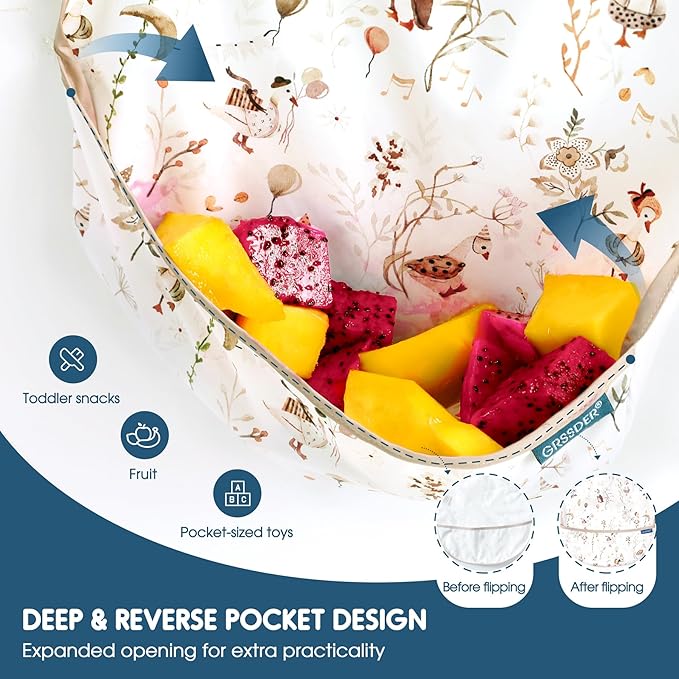 GRSSDER 3-pack Mess Proof Baby Feeding Bibs with Food Catcher Pocket, Soft Lightweight Waterproof Fabric Material with Zero Plastic-like Feel, Adjustable and Easy Clean Toddler Bibs for 6-36 Months