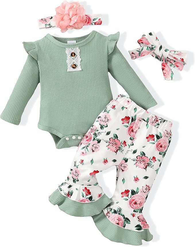 Renotemy Newborn Baby Girl Clothes Outfits Infant Romper Ruffle Floral Pants Cute Toddler Baby Girl Clothes Set