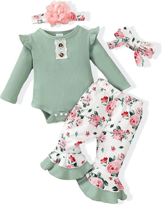 Renotemy Newborn Baby Girl Clothes Outfits Infant Romper Ruffle Floral Pants Cute Toddler Baby Girl Clothes Set