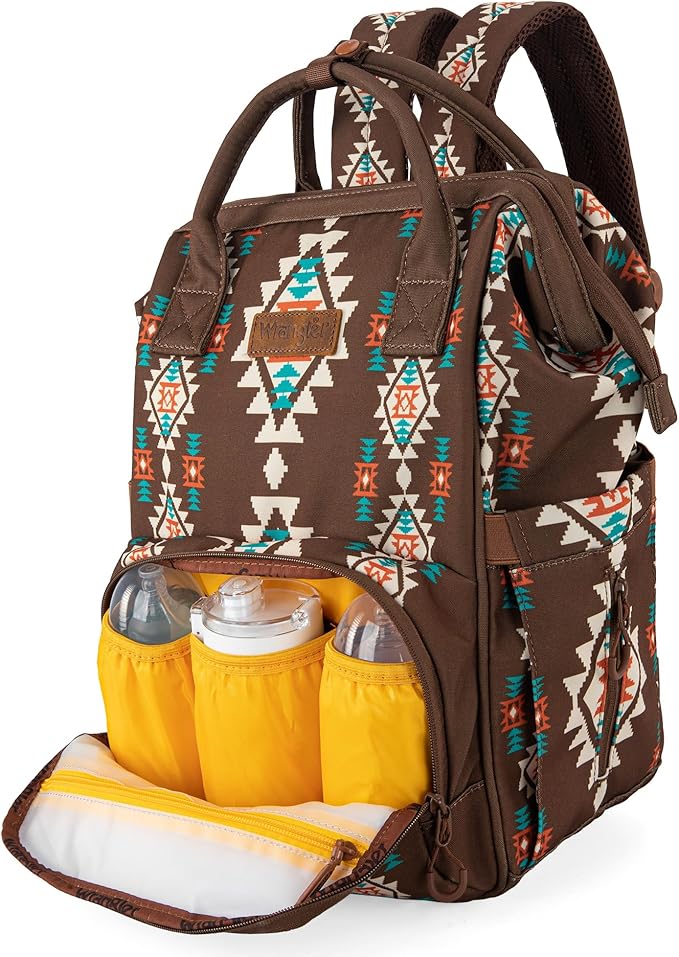 Wrangler Diaper Bag Backpack Aztec Travel Backpack Purses Western Multi-Function Baby Bags for Mom with Waterproof Insulated Pockets
