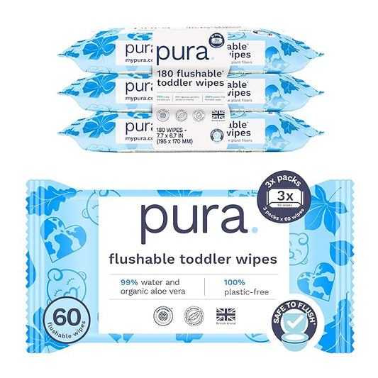 Pura Flushable Toddler Wipes 3 x 60 Wipes (180 Wipes), 100% Plastic Free, 99% Water, Hypoallergenic & Fragrance Free, Totally Chlorine Free, Kids Toilet Wipes, Potty Training