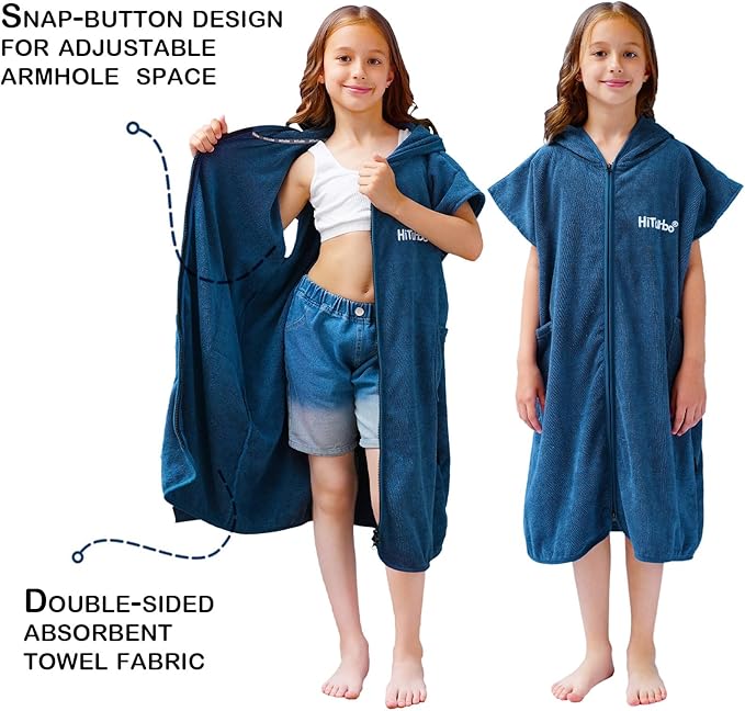 Hiturbo Kids Bath Towel Hoodie: Absorbent Quick Dry Zipper Surf Poncho - Changing Towels Swimming Outerwear (Navy)