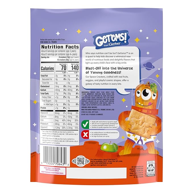Get'ems! from Gerber, Snacks for Kids, Maple Space Crackers Snacks for Kids, Made with Real Veggies & Fruits, Iron & Vitamin E - 4 pack