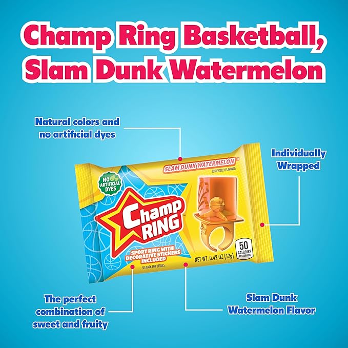 Champ Ring Basketball, Slam Dunk Watermelon - Sweet Watermelon Flavored Candy Rings - Individually Wrapped - No Artificial Colors or Dyes - Perfect for Parties, Events & Snacks - Bulk Pack of 50