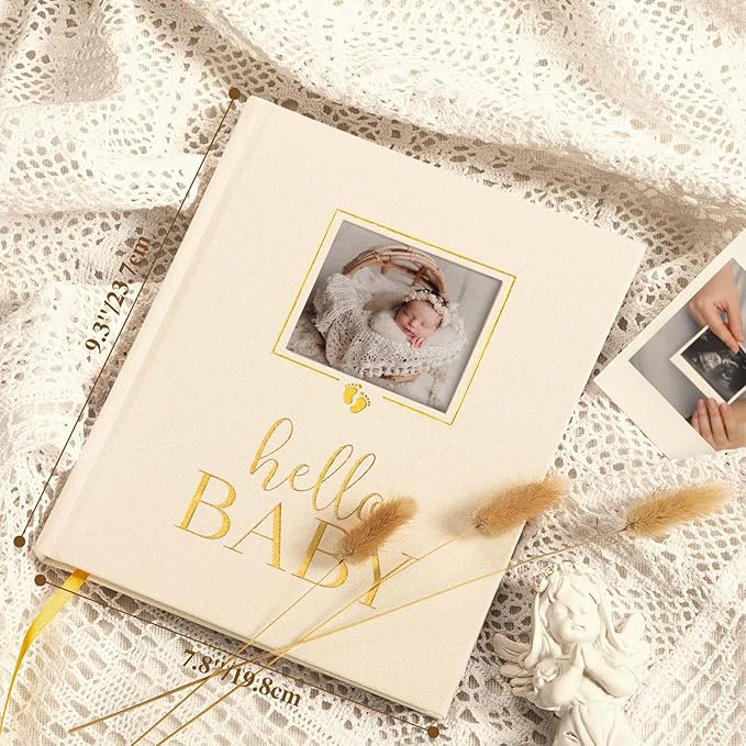 Lanpn Newborn Baby Memory Book, Baby First 5 Year Keepsake Gift with DIY Window, Linen Baby Memories Journal Scrapbook Photo Book, Baby Milestone Album for Boy Girl New Parents (Beige, 154 Pages)