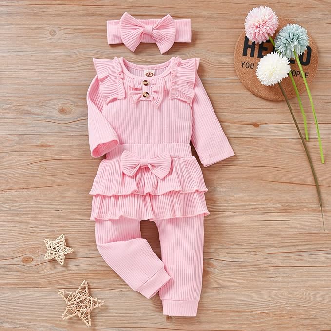 Aalizzwell Preemie Newborn Infant Baby Girls Clothes Ribbed Bodysuit Pants Set Fall Winter Outfits