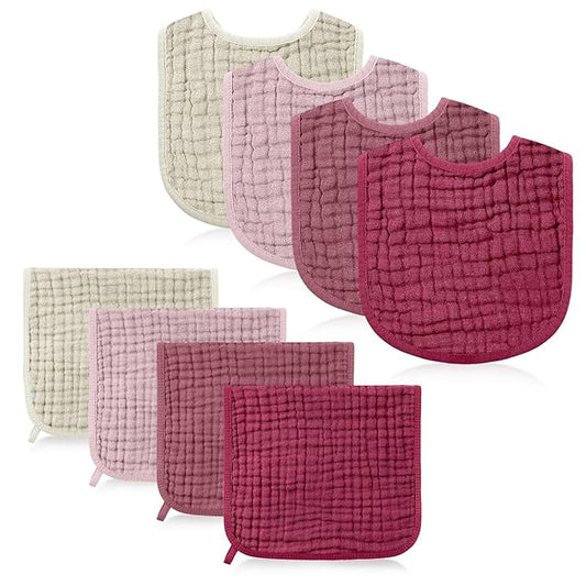 Tallew 8 Pack Baby Burp Cloth Sets with Muslin Burps and Bibs Washable Reusable Waterproof Soft Rags for Unisex Newborn Toddler Baby Boys and Girls Drooling Teething, 20 x 10 Inch(Dark Pink)
