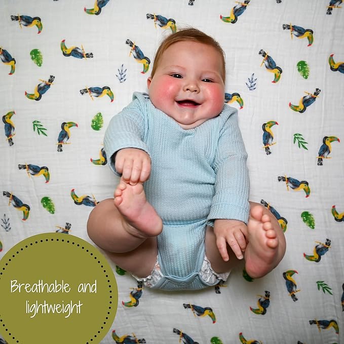 LollyBanks Swaddle Blanket, 100% Cotton Muslin Swaddle Blankets for Boys and Girls, Large 47 x 47 Inches Baby Blanket, Soft and Breathable Receiving Blankets, Registry (Vibrant Tropical Toucan)
