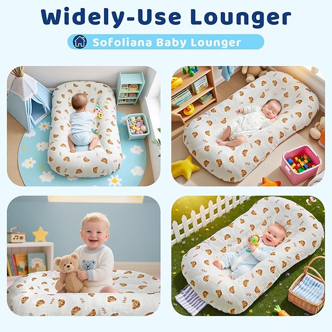 Baby Lounger, Newborn Lounger with Breathable & Soft Cover for Home and Travel, 0-24 Months Newborn Babies Essentials Gifts. (2 Cover Included)