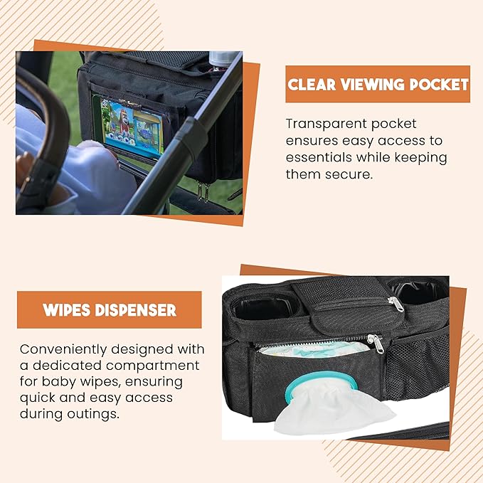 Universal Stroller Organizer with Cup Holder - Baby Caddy Organizer | Stroller Caddy Organizer w/ Anti-Slip Straps to Fit Various strollers like Uppababy, Doona, Nuna & More | Waterproof Walker Bag