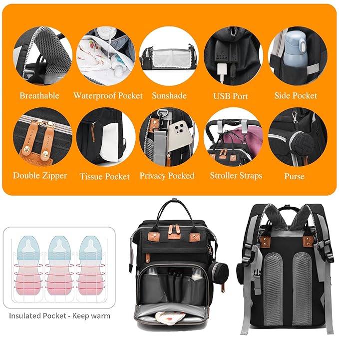 Baby Diaper Bags with Changing Station, Waterproof Diaper Bag Backpack for Moms Dads with USB Charging Port, Baby Shower Gifts, Large Capacity diaper backpack, Black