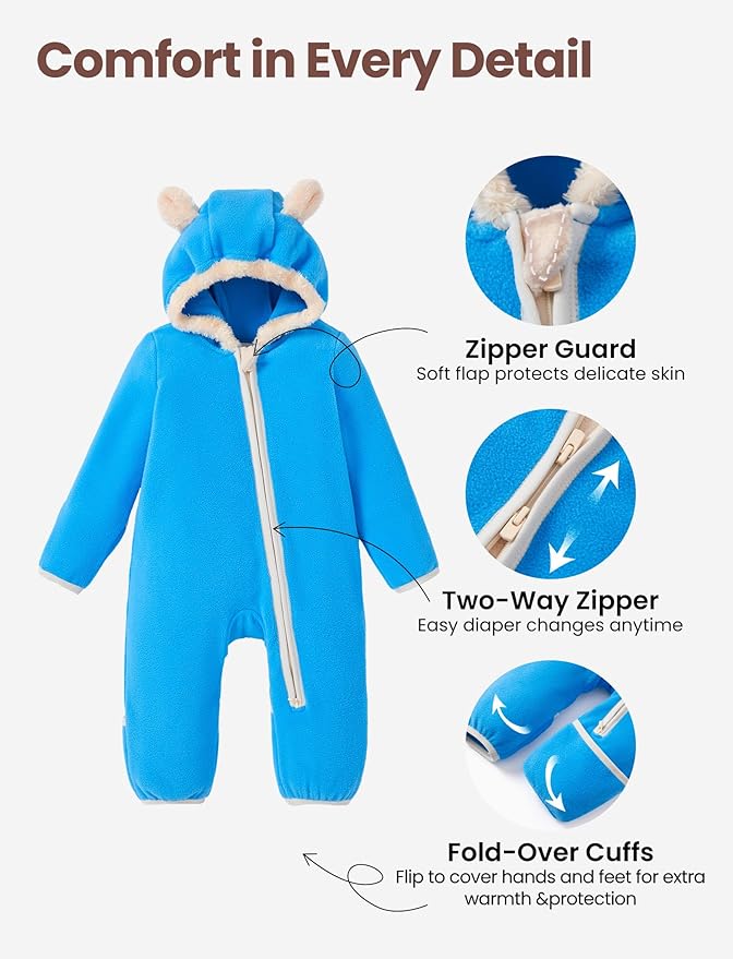 PATPAT Fleece Hooded Footed Romper Clothes, Soft Warm Footie Covers, Car Seat Friendly, Easy Zip, Cute Boy Girl