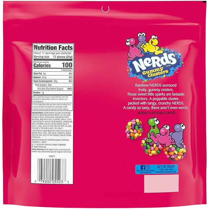 Nerds Gummy Clusters Candy, Rainbow, Resealable 18.5 Ounce Big Bag (Pack of 2)