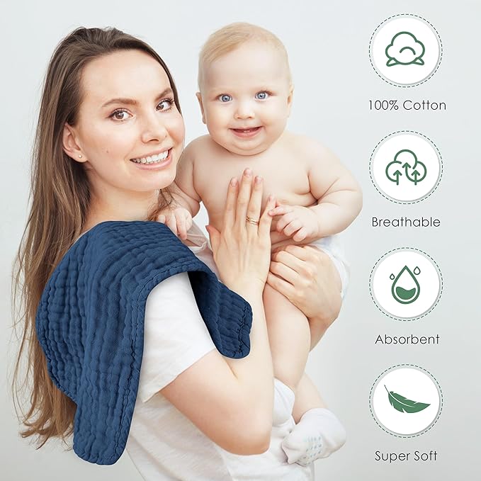 Muslin Burp Cloths 100% Cotton Large 20''x10'' Extra Soft and Absorbent Baby Wash Cloths Spit Up Rags - Baby Burping Cloth for Boys Girls Items(12 Pack Navy Blue)